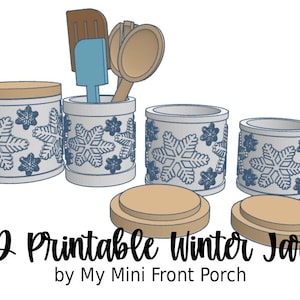 May include: Four white ceramic jars with blue snowflake designs and brown lids. The jars are 3D printable and are perfect for storing small items.
