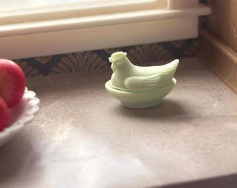Dollhouse Miniature nesting hen, chicken dish