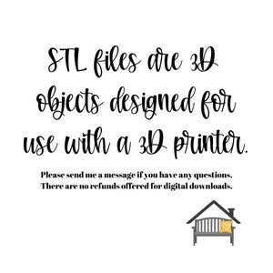 Puede incluir: Fondo blanco con texto negro en cursiva que dice "Los archivos STL son objetos 3D dise&ntilde;ados para usar con una impresora 3D". Debajo del texto hay un mensaje sobre preguntas y reembolsos. Una peque&ntilde;a ilustraci&oacute;n de un banco con una almohada en forma de coraz&oacute;n est&aacute; en la esquina inferior derecha.