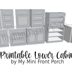 Puede incluir: Una colección de muebles bajos imprimibles en 3D, de color gris claro, con varias configuraciones de puertas y cajones. La imagen incluye el texto "3D Printable Lower Cabinets by My Mini Front Porch."