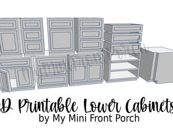 STL file, dollhouse miniature, Lower Kitchen Cabinet Bundle, 3D objects