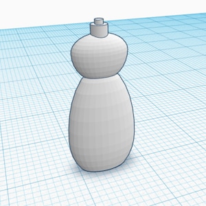 May include: A white plastic bottle with a rounded shape and a small cap on top. The bottle is designed with a double-bulb shape, creating a unique and decorative look.