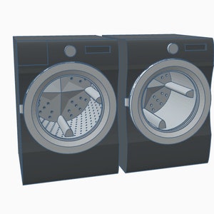 May include: A pair of black front-loading washing machines side-by-side. The washing machines have a silver door with a circular opening and a black control panel.