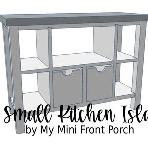 May include: 3D render of a small kitchen island with a grey top and frame, featuring open shelving and two drawers. The text "3D Small Kitchen Island by My Mini Front Porch" is displayed below the island.