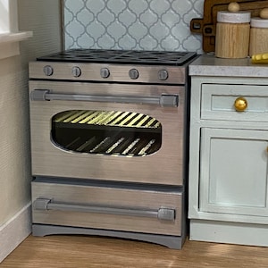 Horno de gas en miniatura para casa de muñecas, "acero inoxidable", con luz