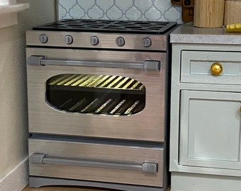 Dollhouse Miniature “gas” Oven, "stainless steel," lighted