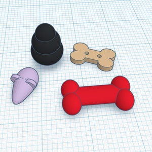 May include: Four dog toys: a black and gray stacking toy, a red rubber bone, a purple squeaky toy, and a brown wooden bone.