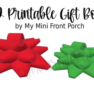 Könnte beinhalten: 3D-druckbarer Geschenkbogen von My Mini Front Porch. Zwei druckbare Geschenkbogen, einer rot und einer grün, sind abgebildet. Die Schleifen sind 3D und können auf einem 3D-Drucker gedruckt werden.