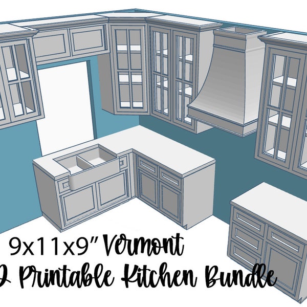 STL file, dollhouse miniature, 9x11x9" Kitchen Bundle, 3D objects, Vermont