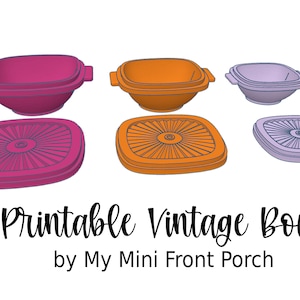 Op de afbeelding: Een verzameling 3D-geprinte vintage kommen in roze, oranje en lavendel. Elke kom heeft een bijpassend deksel met een zonnestraalontwerp. De tekst "3D Printable Vintage Bowls" staat onder de kommen.