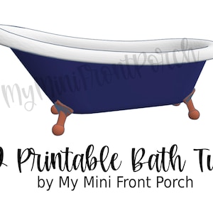 Puede incluir: Una bañera imprimible en 3D de color azul marino con un borde blanco. La bañera tiene patas de color naranja y el texto "3D Printable Bath Tub by My Mini Front Porch" debajo.