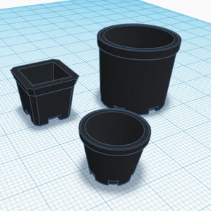 May include: Three black plastic plant pots of varying sizes. One is square, and the other two are round. All have a simple, modern design with a slightly textured surface. The pots are designed for indoor or outdoor use.