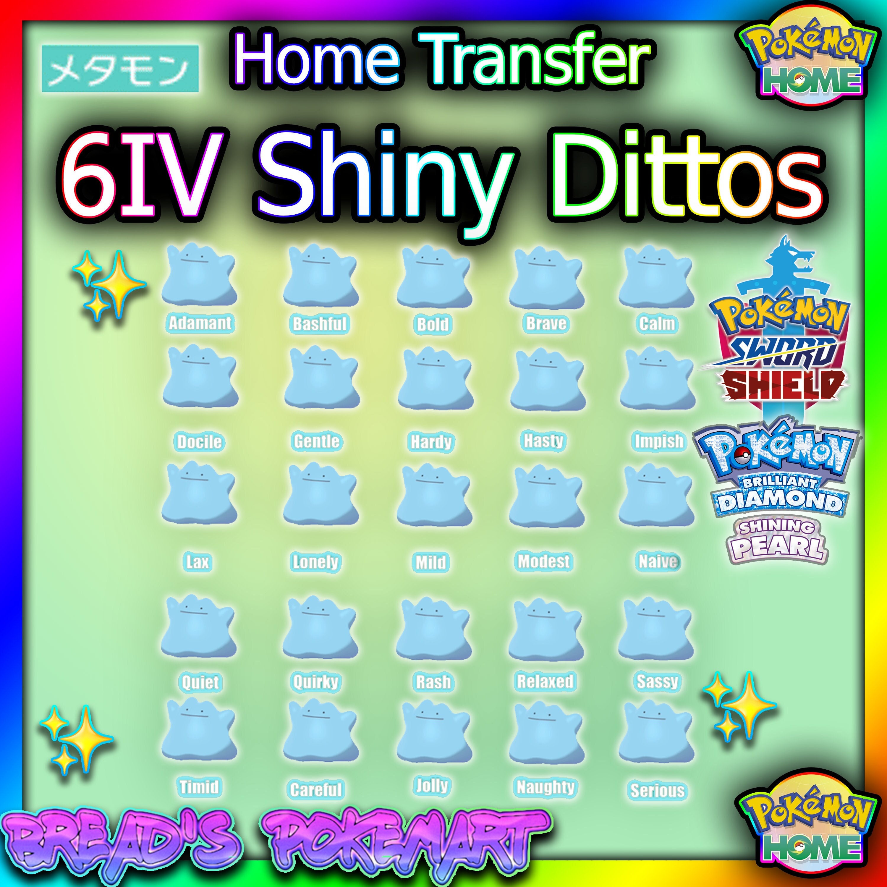 6 x Shiny 6IV Foreign Ditto - Masuda Breeding Pack - Natures: Modest Jolly  Adamant Timid Bold Impish - Pokemon Sword, Shield, Brilliant Diamond,  Shining Pearl, Scarlet, and Violet - elymbmx