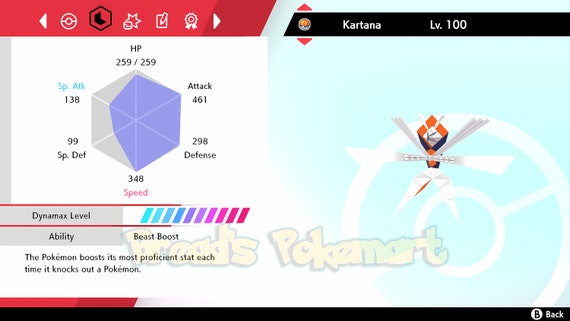 Pokemon Sword and Shield Shiny Kartana 6IV-EV Trained