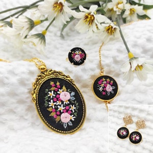 Custom Embroidered Jewelry Set: Handmade Floral Necklace, Earrings, Ring