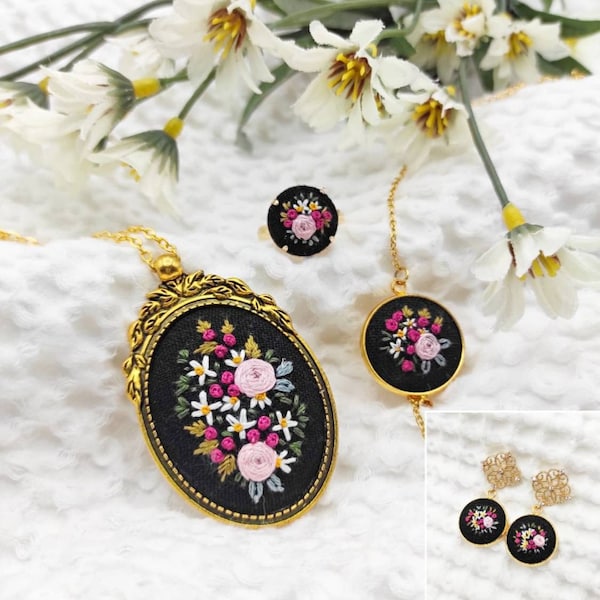 Custom embroidery jewelry set, Anniversary gift set, Handmade jewelry set, Sentimental gift set,embroidered necklace