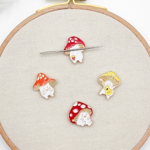 Cute Mushroom Enamel needle minders, Small Needle Minder for Embroidery, Cross Stitch, Needle work, Needle point tools
