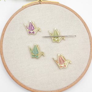 Paper Crane Needle Minder: Enamel Embroidery, Cross Stitch Tool