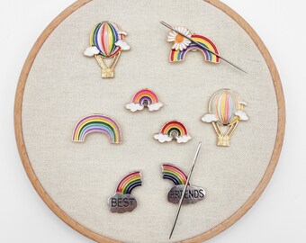 Rainbow Enamel Needle Minder: Hot Air Balloon Embroidery Accessory