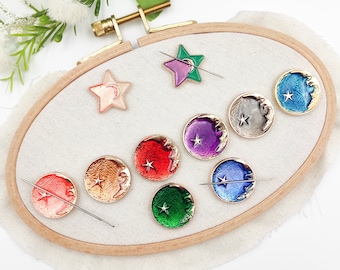 Star & Moon Enamel Needle Minder: Embroidery, Cross Stitch Tool