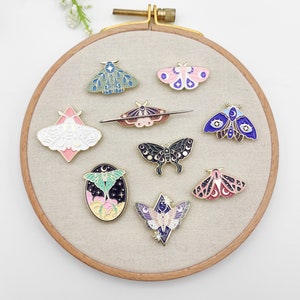 Moth/Butterfly enamel needle minders, Needle Minder for Embroidery, Cross Stitch, Needle work, needlecraft projects and sewing. Collection 4