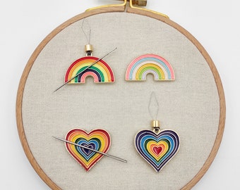 Rainbow Heart Enamel Needle Minder & Threader Combo