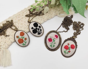 Rose Garden Hand Embroidered Necklace , Embroidery Pendant Jewelry, Handmade jewelry, vintage embroidery Gift, Long necklace chain