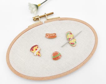 Enamel Food Needle Minder: Pizza, Sandwich, Hot Dog, Hamburger