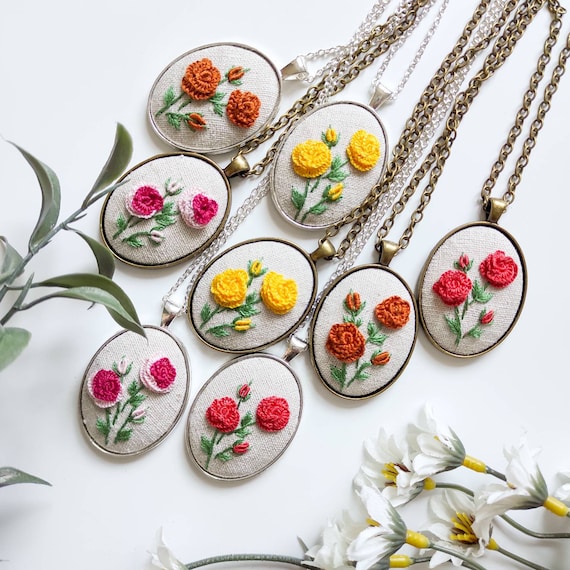 Rose Garden Hand Embroidered Necklace Embroidery Pendant Jewelry