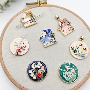 Floral Enamel Needle Minder or Threader: Embroidery, Cross Stitch