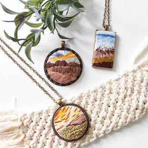 Embroidered Landscape Necklace: Round Sunset Sunrise Pendant