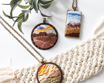 Large Round Embroidered landscape necklace,Embroidery memory,Embroidered jewelry pendant.Gift for best friend. Sunset, Sunrise, Ocean