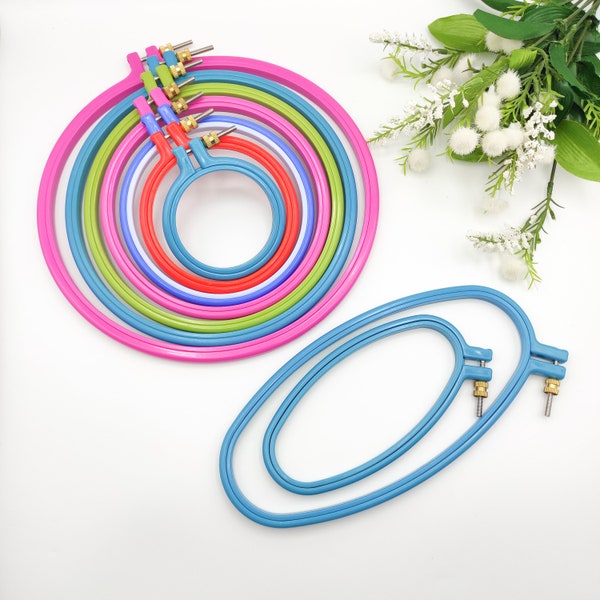 Multiple Sizes of Colorful Round Plastic Hoops for hand Stitching, Embroidery, Cross stitch, Needlework Frame, Round embroidery display.