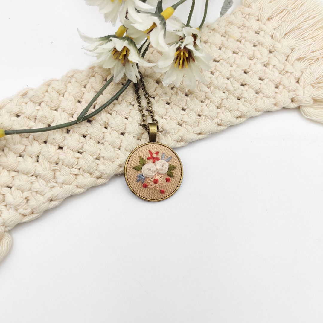 Hand Embroidered Necklace, Vintage Jewelry, Unique Gift for Her, Hand Embroidered Bouquet