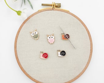 Enamel Needle Minder: Owl or Snail for Cross Stitch
