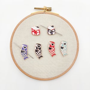 Lucky Cat & Koi Kite Enamel Needle Minder: Embroidery Sewing Accessory