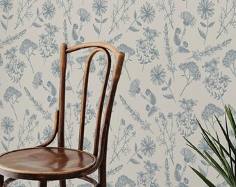 Antique Blue Meadowfield Wallpaper, Peel and Stick Removable Repositionable, Traditional or Prepasted Wallpaper Mural — Moose Accents #260