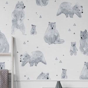 Watercolour Bears Peel and Stick Wallpaper Custom Bedroom Decor Traditional Prepasted Wall Decor Animal Design Personalized Size Colour #164