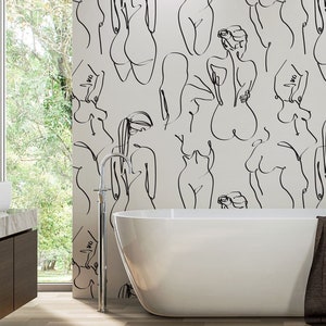 Minimal Line Art Wallpaper Feminine Abstract Peel and Stick or Traditional Wall Decor