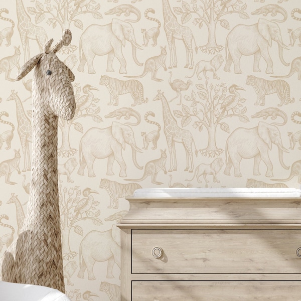 Beige Wild Life Wallpaper, Peel and Stick Removable Repositionable, Traditional or Prepasted Wallpaper Mural — Moose Accents #238