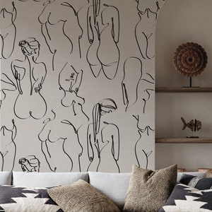 Feminine Line Art Wallpaper Peel & Stick Neutral Custom Bedroom Decor Traditional Prepasted Wall Abstract Women Personalized Size Color #048