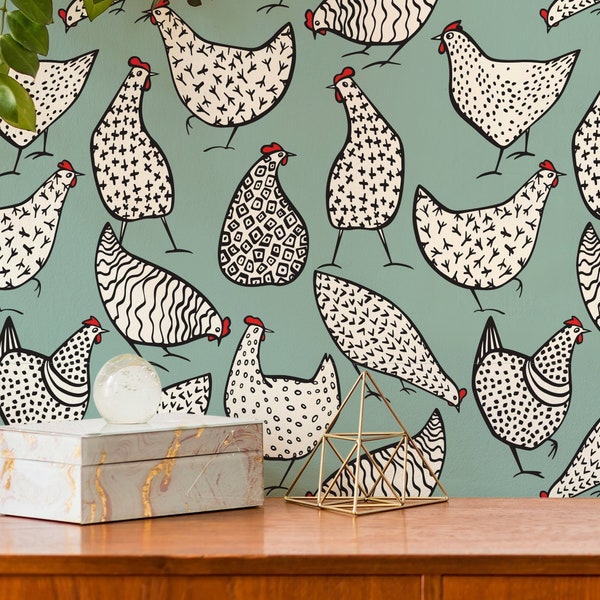 Stylish Chickens Wallpaper, Peel and Stick Removable Repositionable, Traditional or Prepasted Wallpaper Mural — Moose Accents #033