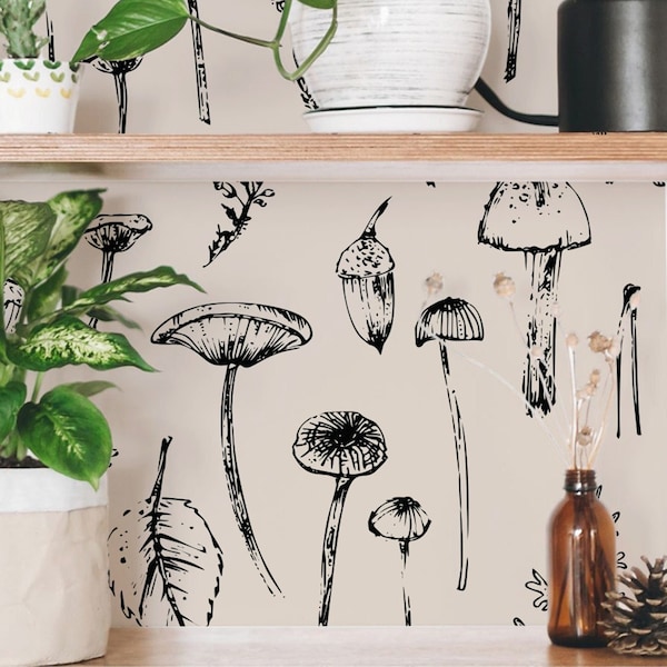 Custom Color Mushroom Sketch Peel and Stick or Traditional Wallpaper