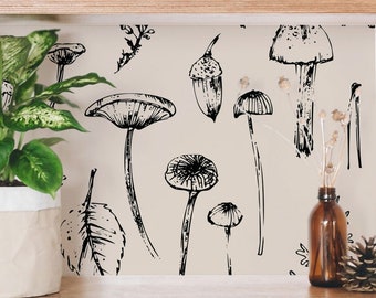 Vintage Mushroom Wallpaper Peel and Stick Prepasted Botanical Neutral Wall Mural Custom Removable Bedroom Traditional Decor #167