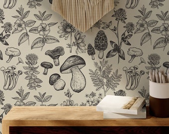 Black Mushroom Wallpaper, Peel & Stick Dark Botanical Wall Mural Traditional Prepasted Wallpaper Cottagecore Kitchen Wall Decor #120