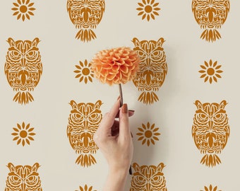 Customizable Owl Folk Pattern Peel and Stick or Traditional Wallpaper