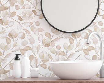 Neutral Botanical Leaves Peel and Stick or Traditional Wallpaper