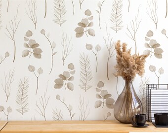 Sepia Botanical Branch Neutral Leaves Peel and Stick or Traditional Wallpaper