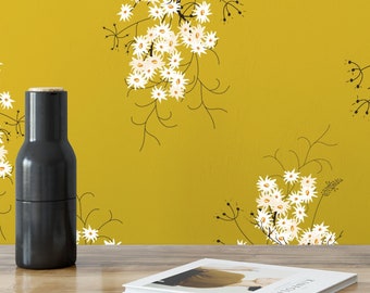 Yellow and White Floral Peel and Stick or Traditional Wallpaper