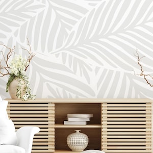 Peel and Stick WallpaperCustom Bedroom Decor Traditional Prepasted Wallpaper Flower Wall Decor Neutral Custom Colour Light Grey Leaves #112